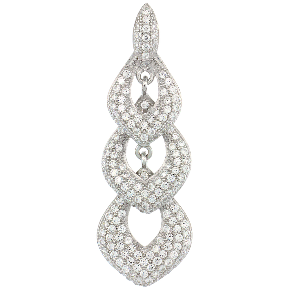 Sterling Silver Micro Pave Cubic Zirconia Three Drop Open Marquise Shape Dangling Pendant White Stones