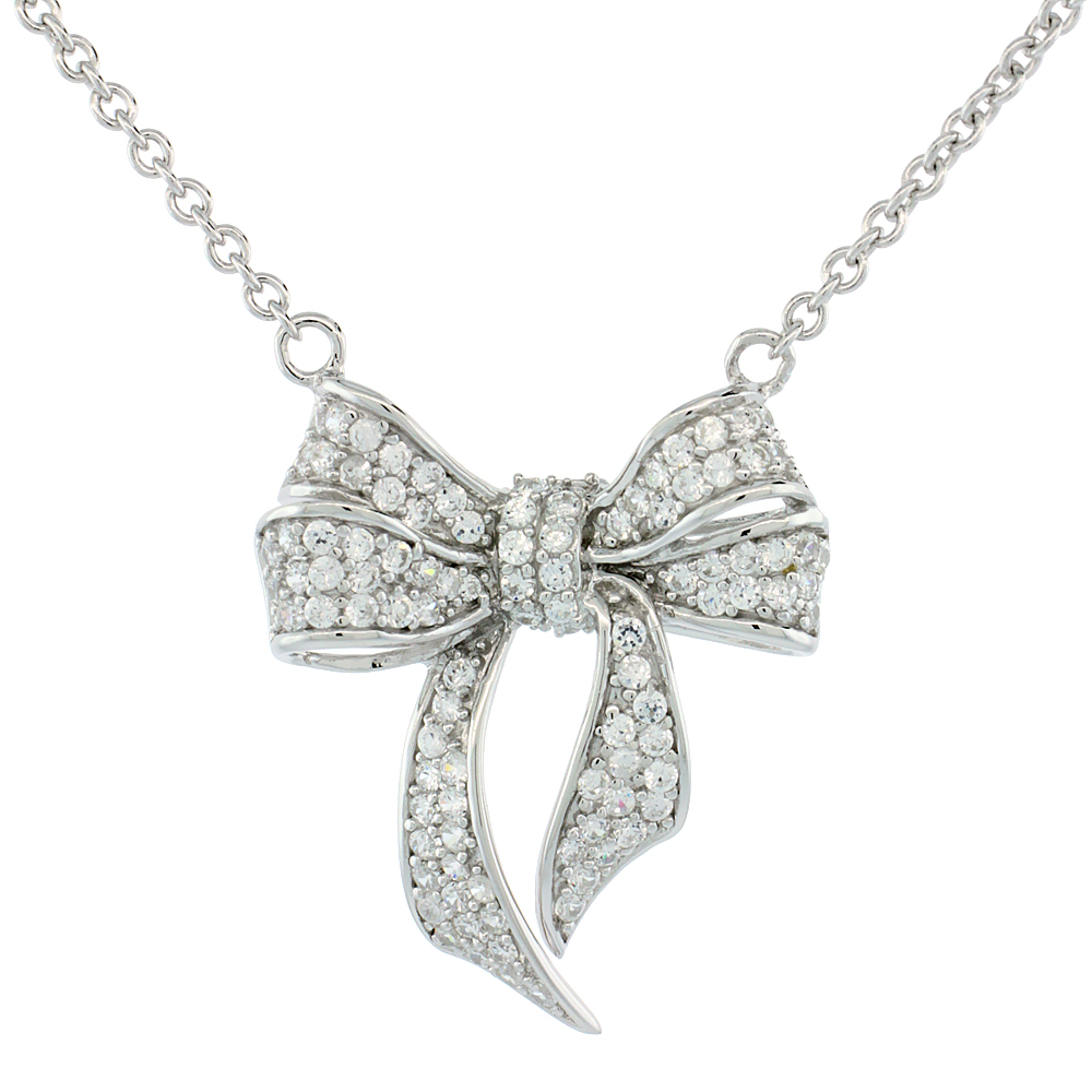 Sterling Silver Micro Pave Cubic Zirconia Bow Necklace White Stones, 16.5 inches long