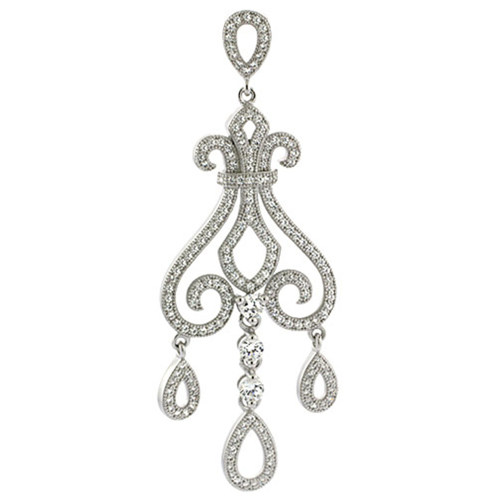 Sterling Silver Fleur de Lis Girandole Micro Pave CZ Pendant, 2 5/16 inch long