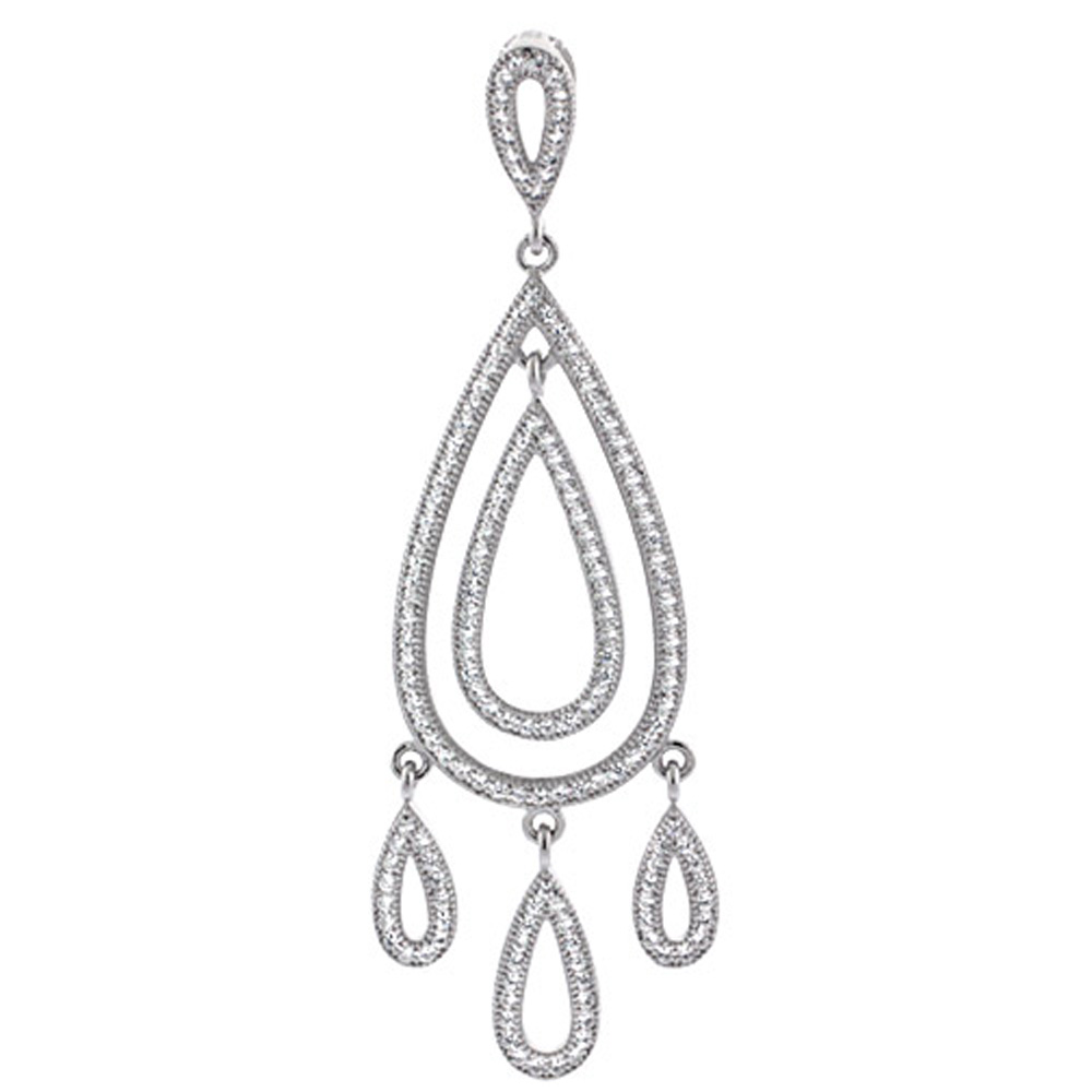 Sterling Silver Double Oval Girandole Micro Pave CZ Pendant, 2 1/4 inch long