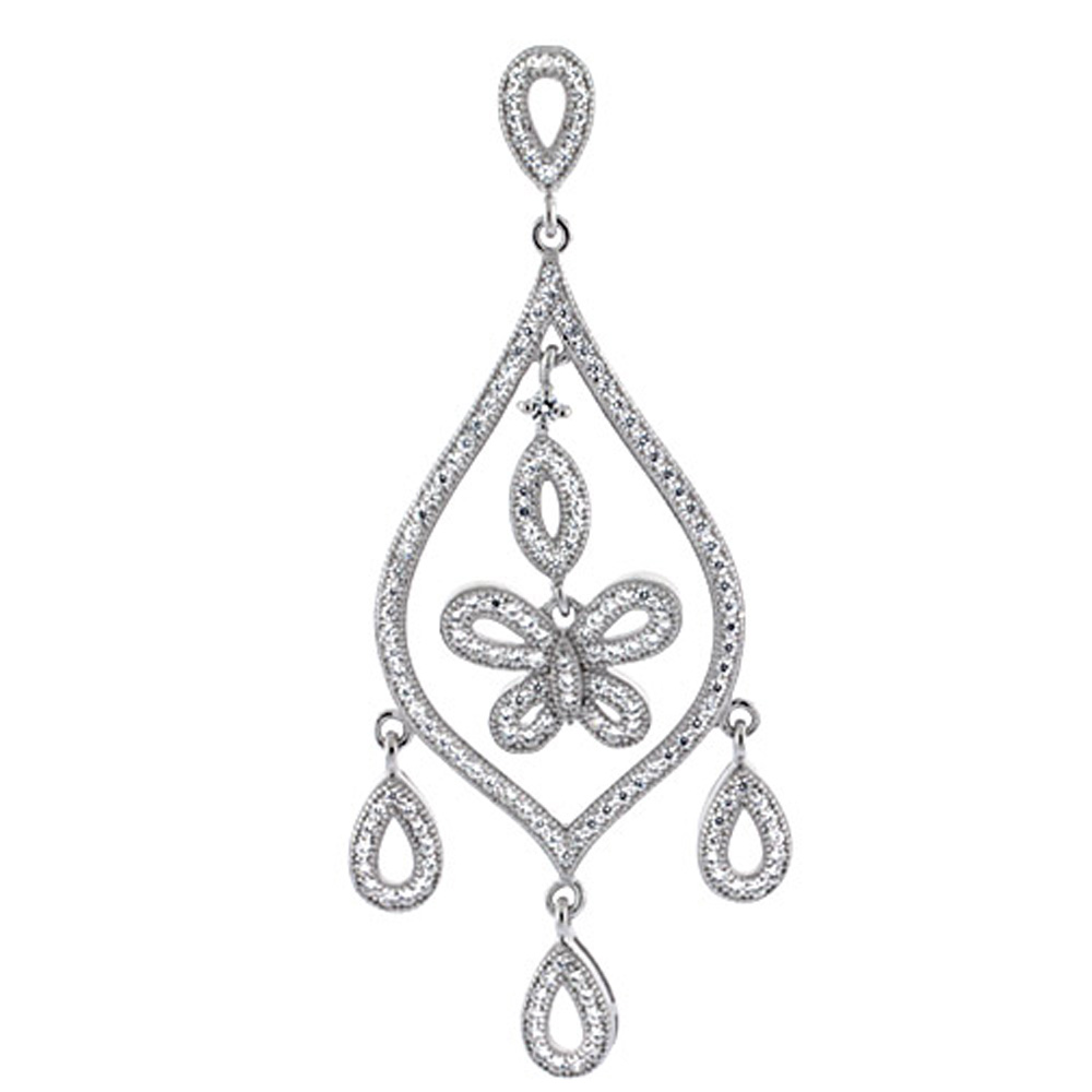 Sterling Silver Butterfly Micro Pave CZ Pendant chandelier, 2 1/4 inch long