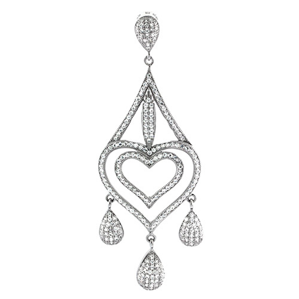 Sterling Silver Double Heart Micro Pave CZ Pendant Girandole, 2 7/16 inch long