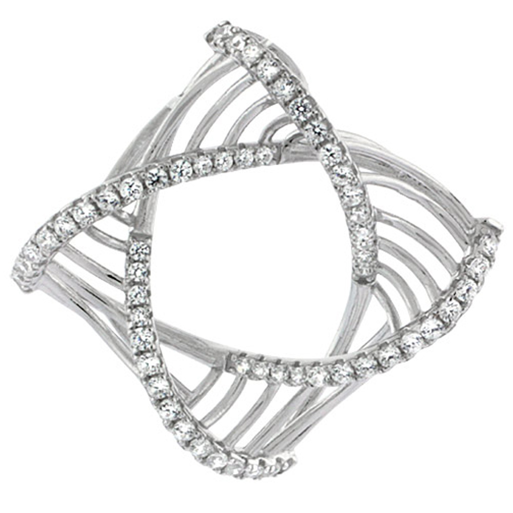 Sterling Silver Square Ribbed Micro Pave CZ Pendant, 1 1/8 inch long