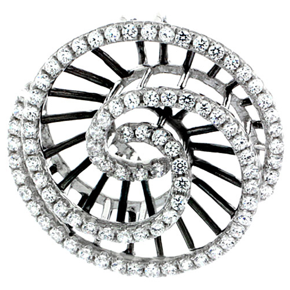 Sterling Silver Round Swirl Micro Pave CZ Pendant Ribbed, 15/16 inch long
