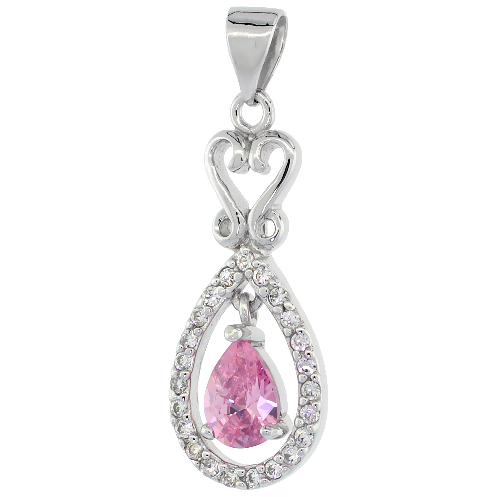 Sterling Silver Pink Topaz Teardrop Micro Pave CZ Pendant, 1 inch long