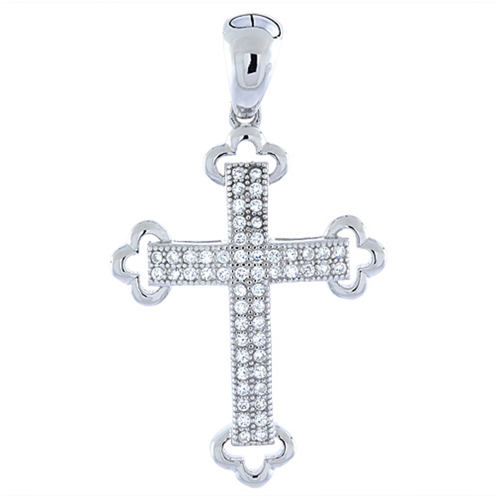 Sterling Silver Micro Pave CZ Bottony Cross Pendant, 1 1/16 inch long