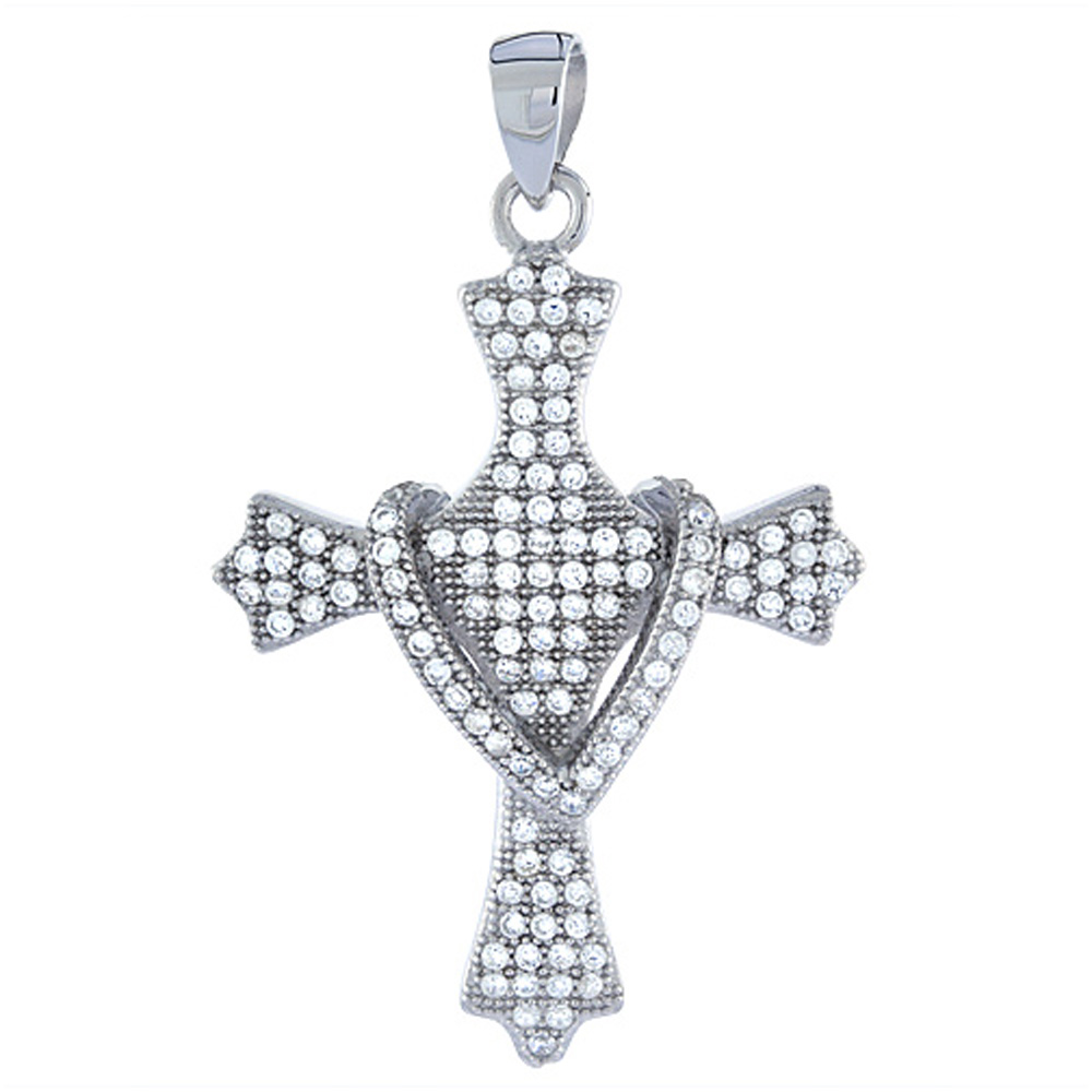 Sterling Silver Micro Pave CZ Shrouded Cross Pendant, 1 3/16 inch long