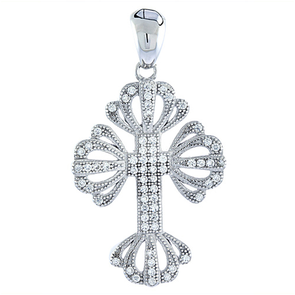 Sterling Silver Micro Pave CZ Cross with Crowns Pendant, 1 inch long