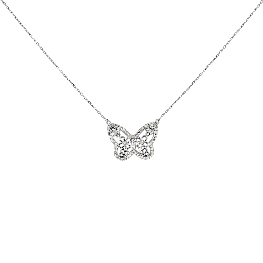 Sterling Silver Micro Pave Cubic Zirconia Butterfly Necklace, 17 inches long + 1 in extension