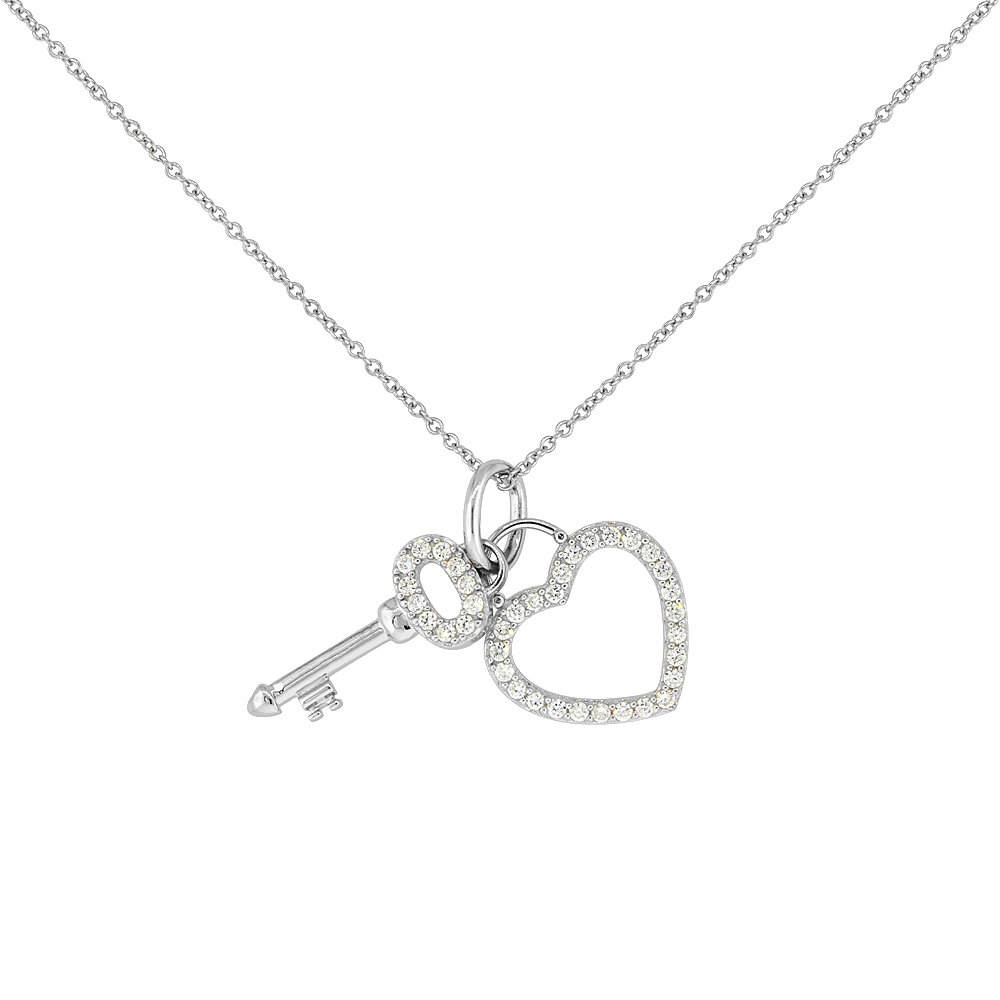 Sterling Silver Micro Pave Cubic Zirconia Key to My Heart Necklace, 18 inches long + 1 in extension