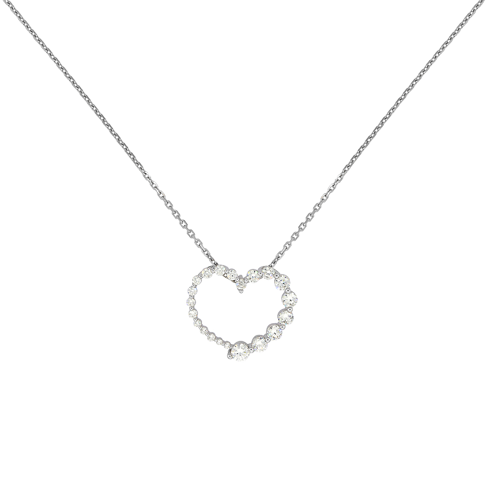 Sterling Silver Graduated Cubic Zirconia Heart Necklace, 18 inches long + 1 in extension