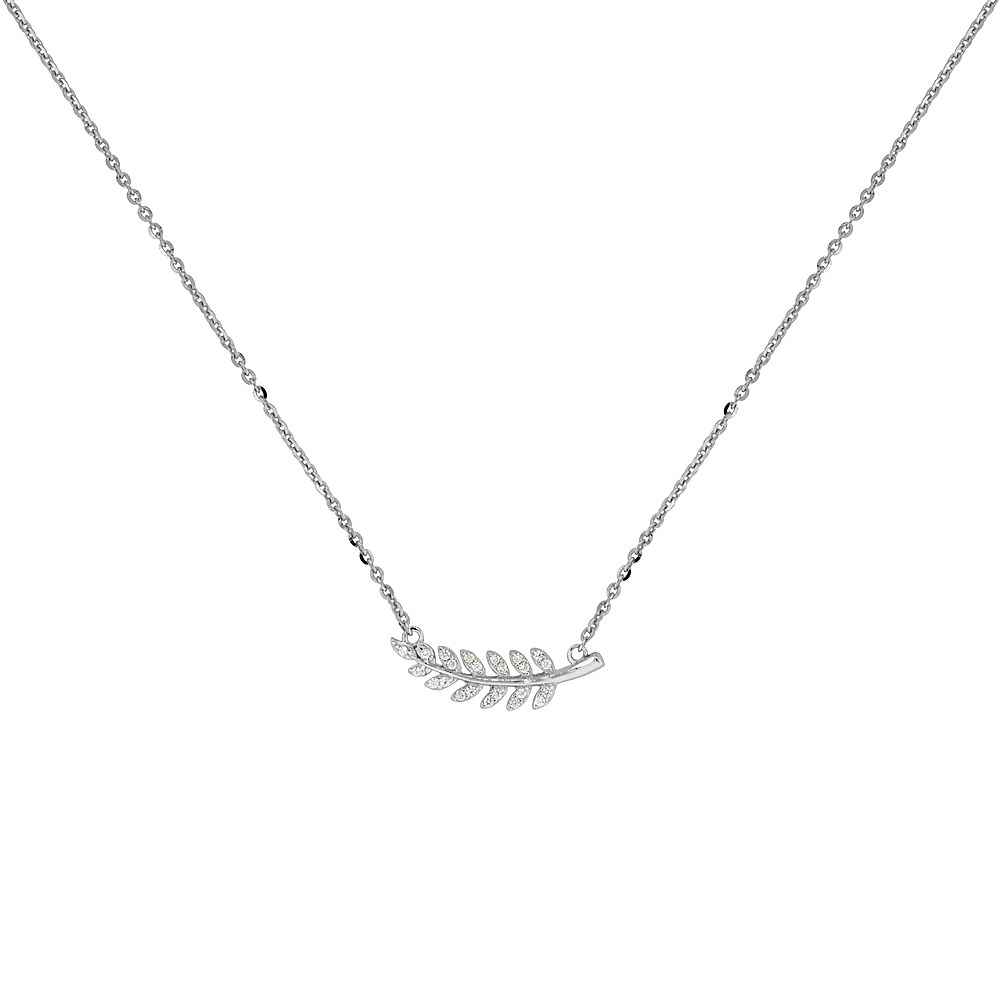 Sterling Silver Micro Pave Cubic Zirconia Olive Branch Necklace, 18 inches long + 1 in extension