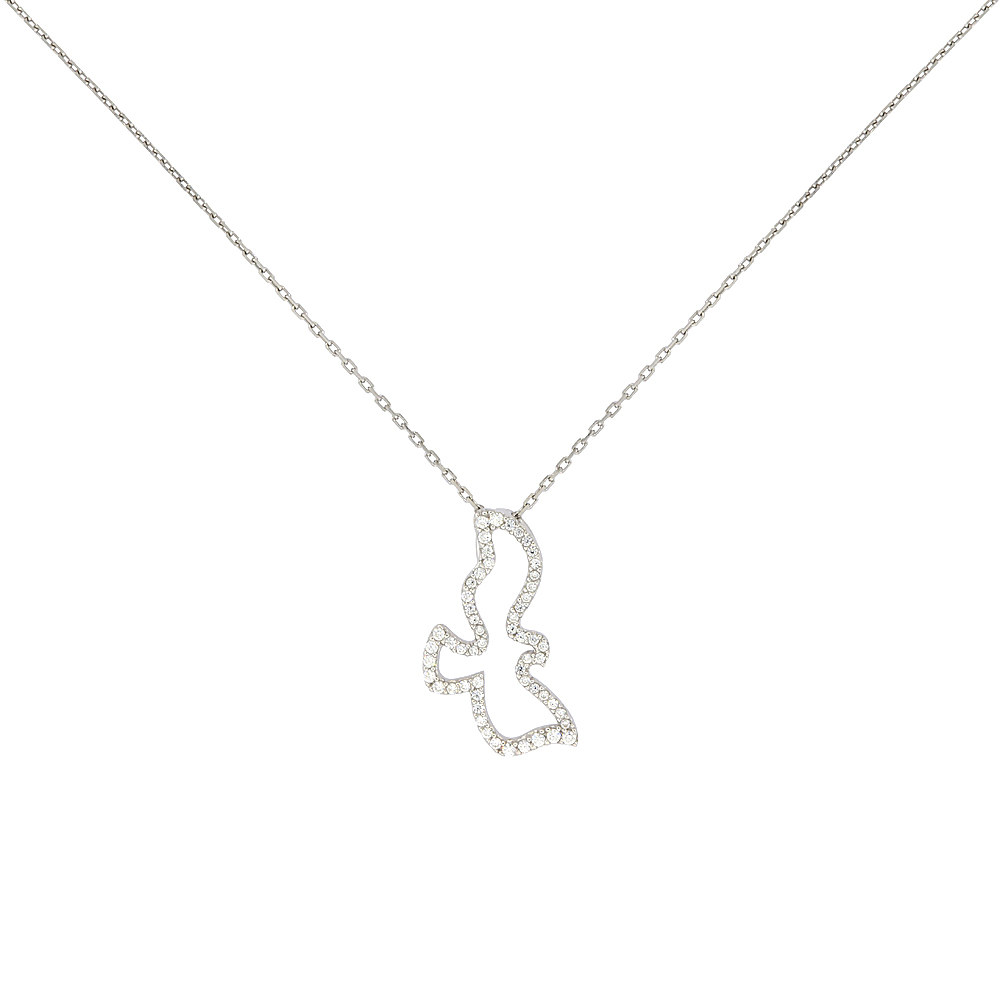 Sterling Silver Micro Pave Cubic Zirconia Dove Necklace, 18 inches long + 1 in extension