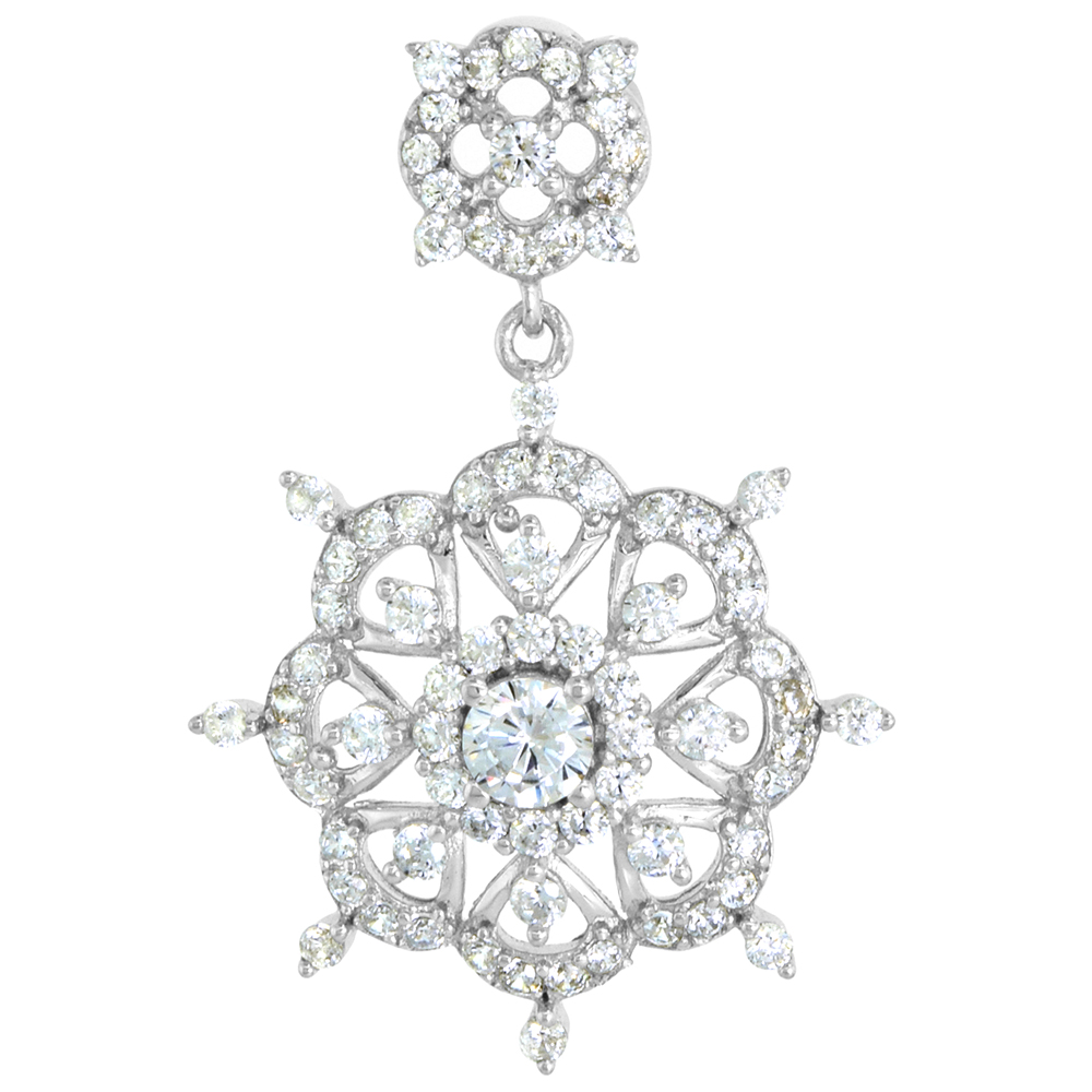 Dainty Sterling Silver CZ Snowflake Necklace for Women Rhodium Plated 7/8 inch (22mm) wide