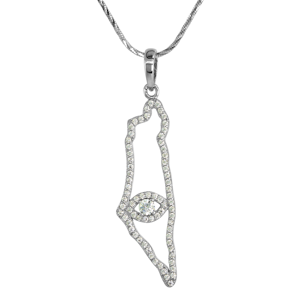 Sterling Silver CZ Map of Israel Necklace with Evil Eye Micro Pave Rhodium finish 1 3/8 inch tall