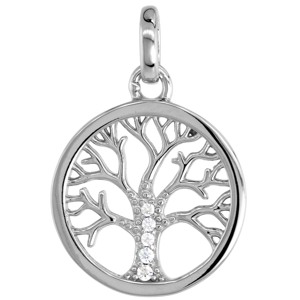 Dainty Sterling Silver Micro Pave CZ Family Tree Pendant for Women 5/8 inch Round