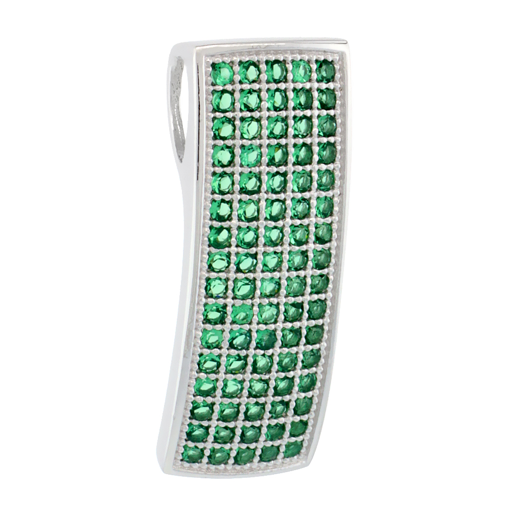 Sterling Silver Micro Pave Cubic Zirconia Rectangular Shape Pendant Green Stones