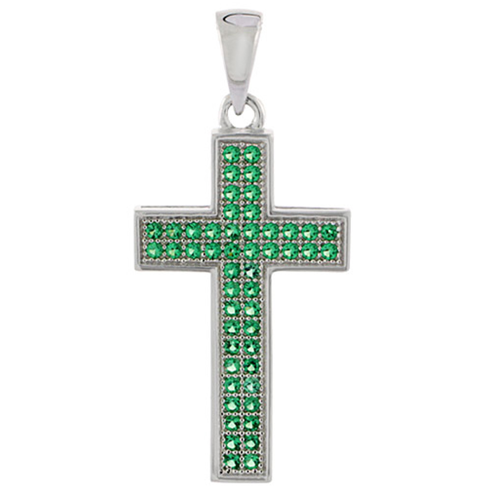 Sterling Silver Cross Micro Pave CZ Pendant Emerald & White Stones, 15/16 inch long