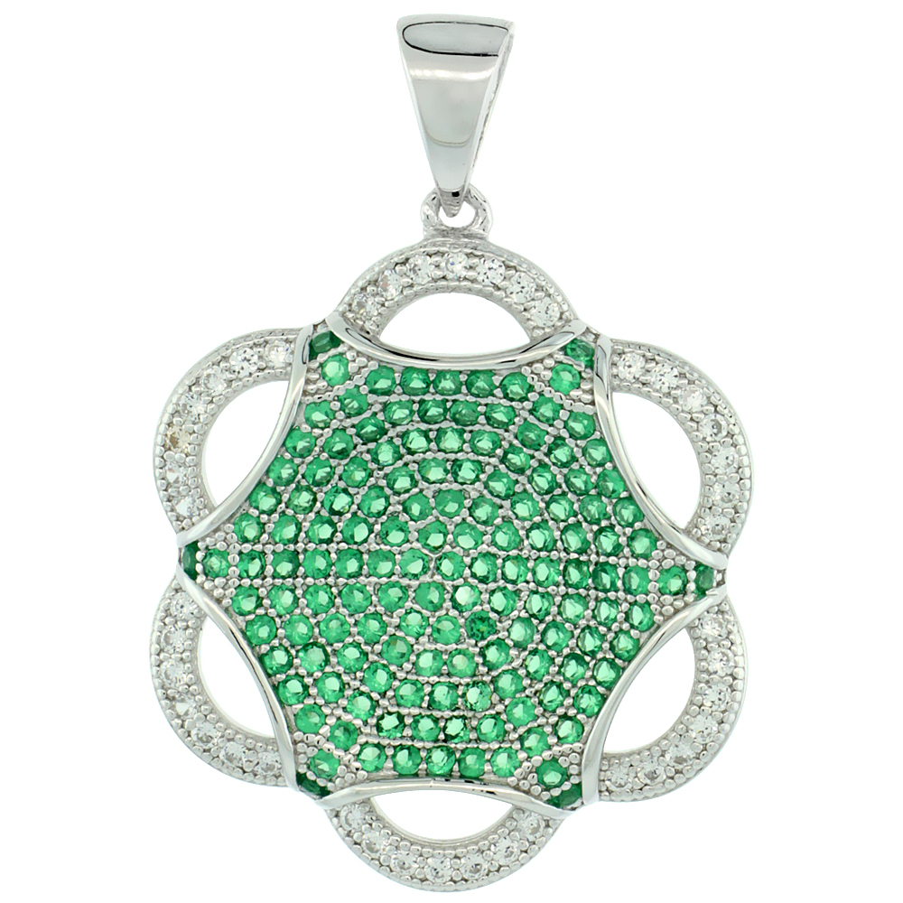 Sterling Silver Micro Pave Cubic Zirconia Spider Web Pendant Green and White Stones