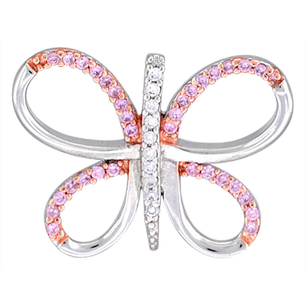 Sterling Silver Butterfly Micro Pave CZ Pendant Two Tone Finish, 3/4 inch long