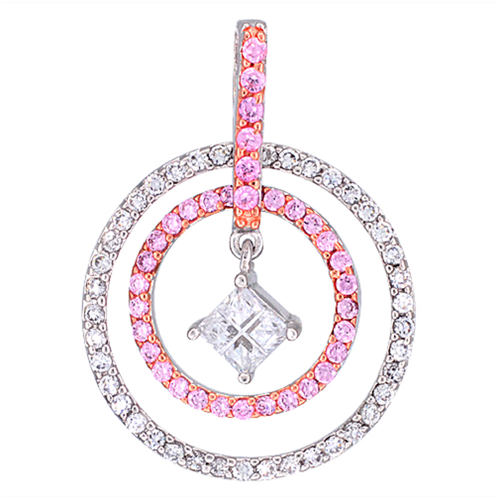 Sterling Silver Double Circle Micro Pave CZ Pendant Two Tone Finish, 1 1/4 inch in diameter