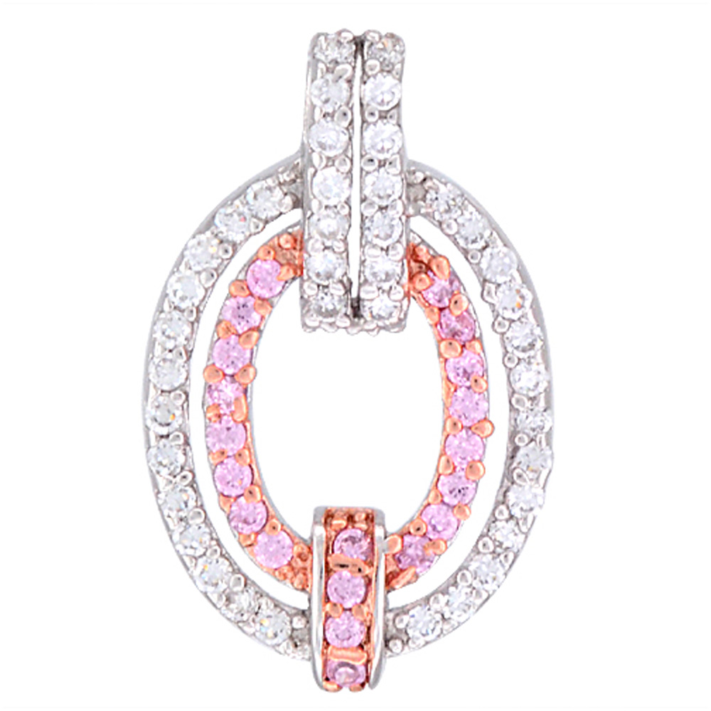 Sterling Silver Double Oval Micro Pave CZ Pendant Two Tone Finish, 1 inch long