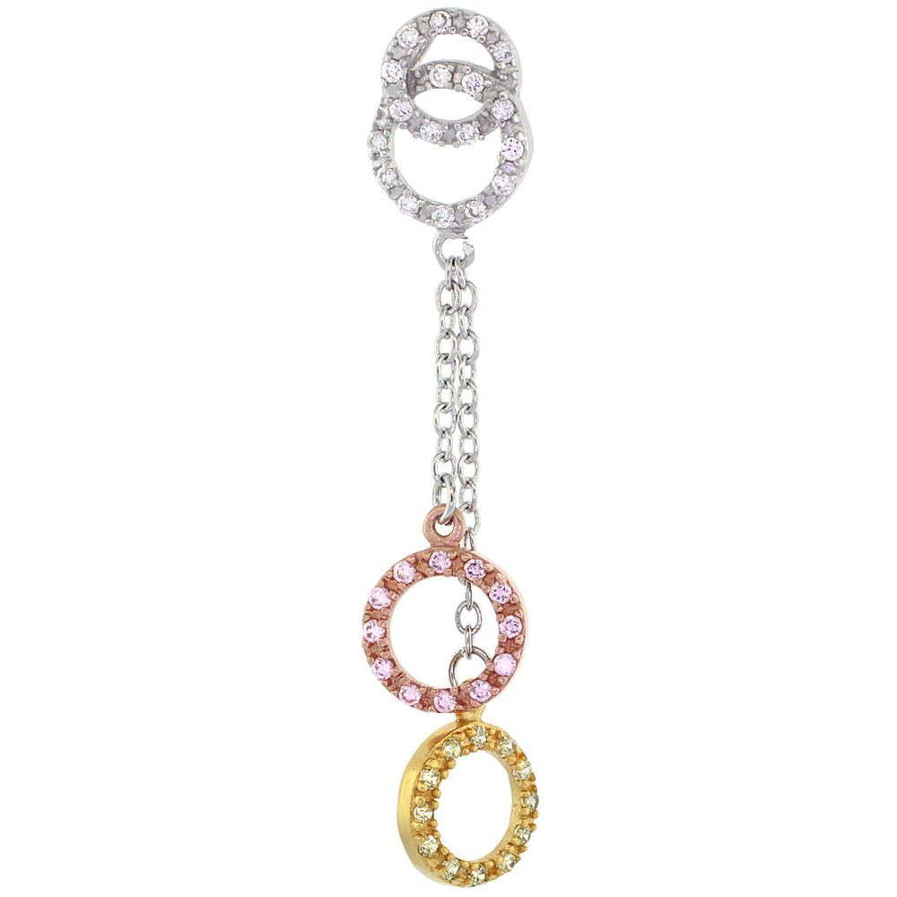 Sterling Silver Dangling Circles Micro Pave CZ Pendant Tri-Color Finish, 1 15/16 inch in diameter