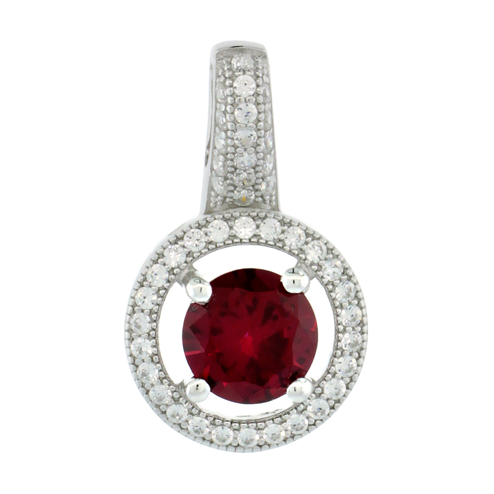 Sterling Silver Micro Pave Cubic Zirconia Round Shape Pendant White Cubic Zirconia Centered Prong set of Red Ruby Stone