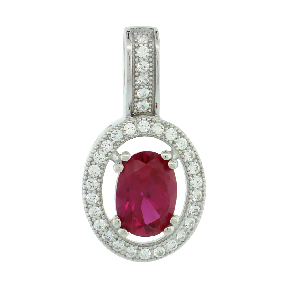 Sterling Silver Micro Pave Cubic Zirconia Oval Pendant White Cubic Zirconia Centered Pink Prong Set Stone