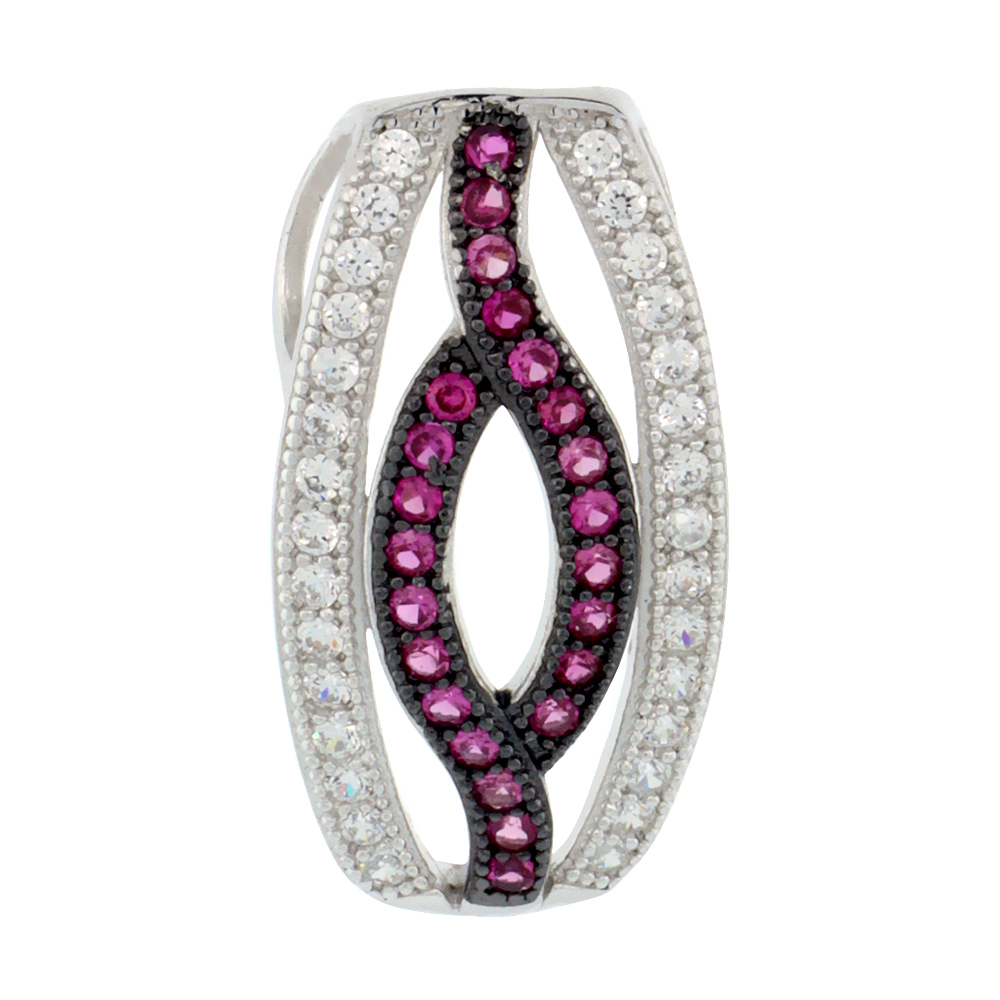 Sterling Silver Micro Pave Cubic Zirconia Open Rectangular-shape Pendant White Cubic Zirconia Centered in Twisted Shape Pink Stones