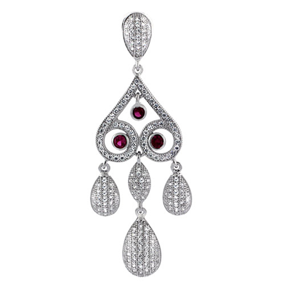 Sterling Silver Girandole Micro Pave CZ Pendant Ruby & White Stones, 2 inch long