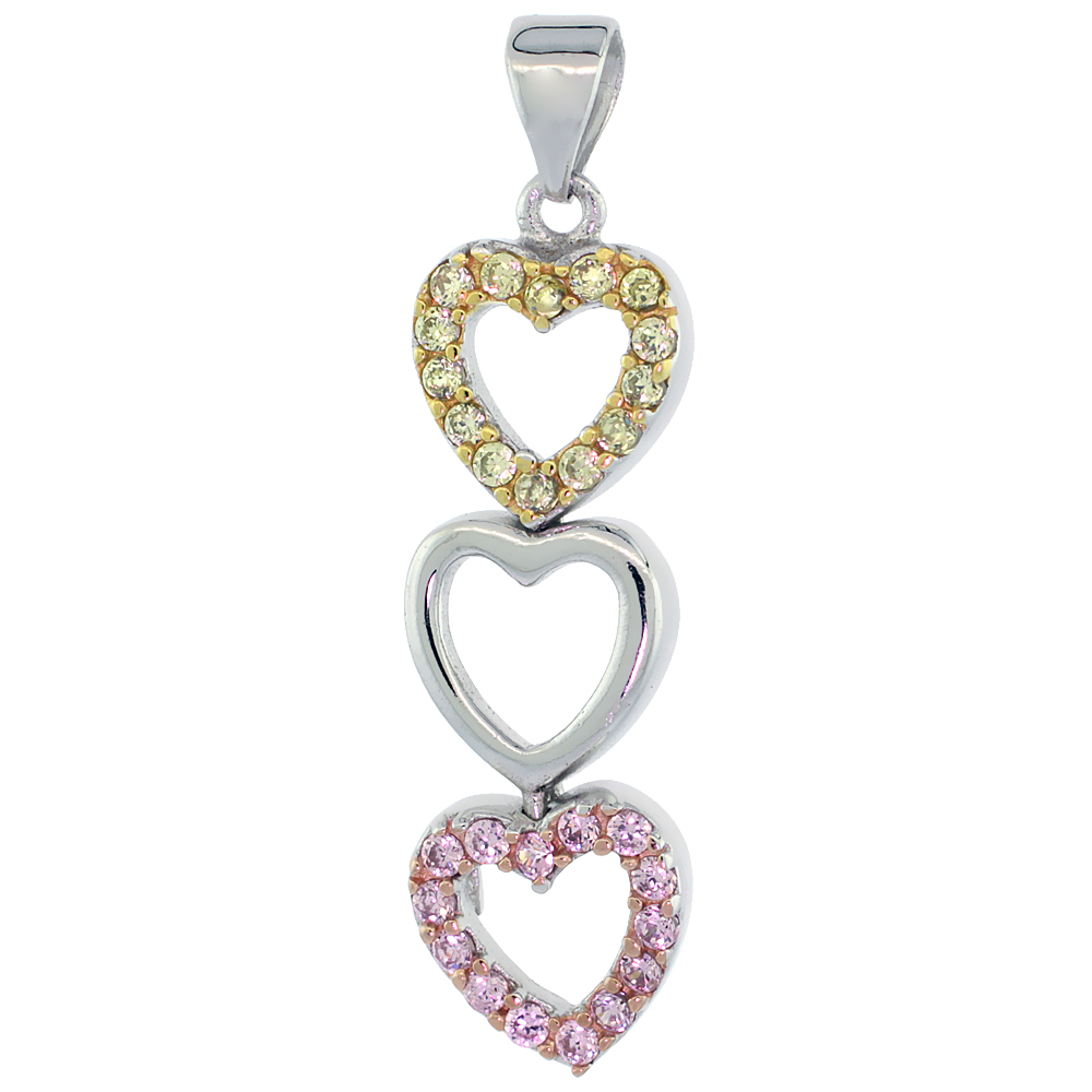 Sterling Silver Triple Open Heart Micro Pave CZ Pendant Tri-Color Finish, 1 1/8 inch long