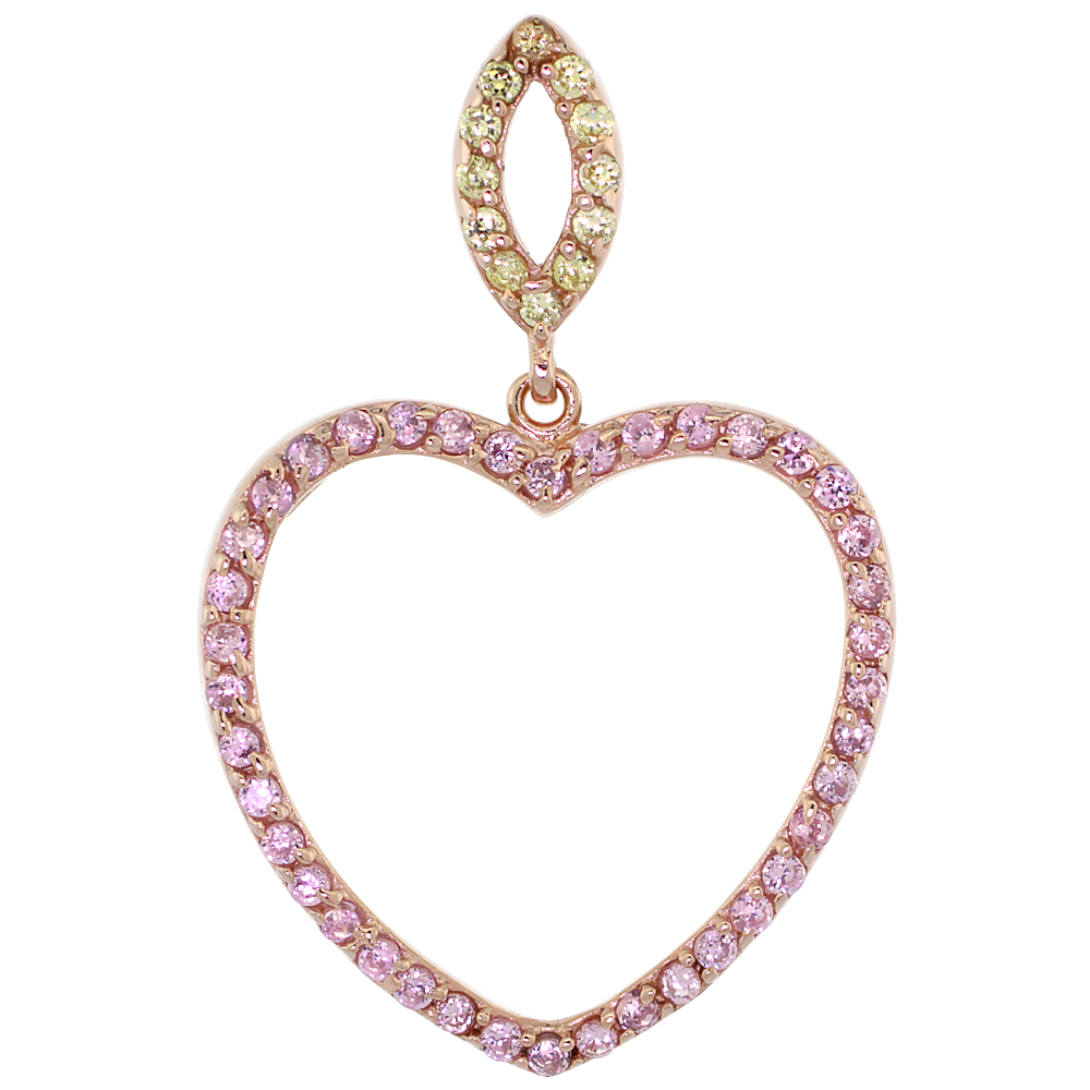 Sterling Silver Open Heart Micro Pave CZ Pendant Rose Gold Finish, 1 inch long
