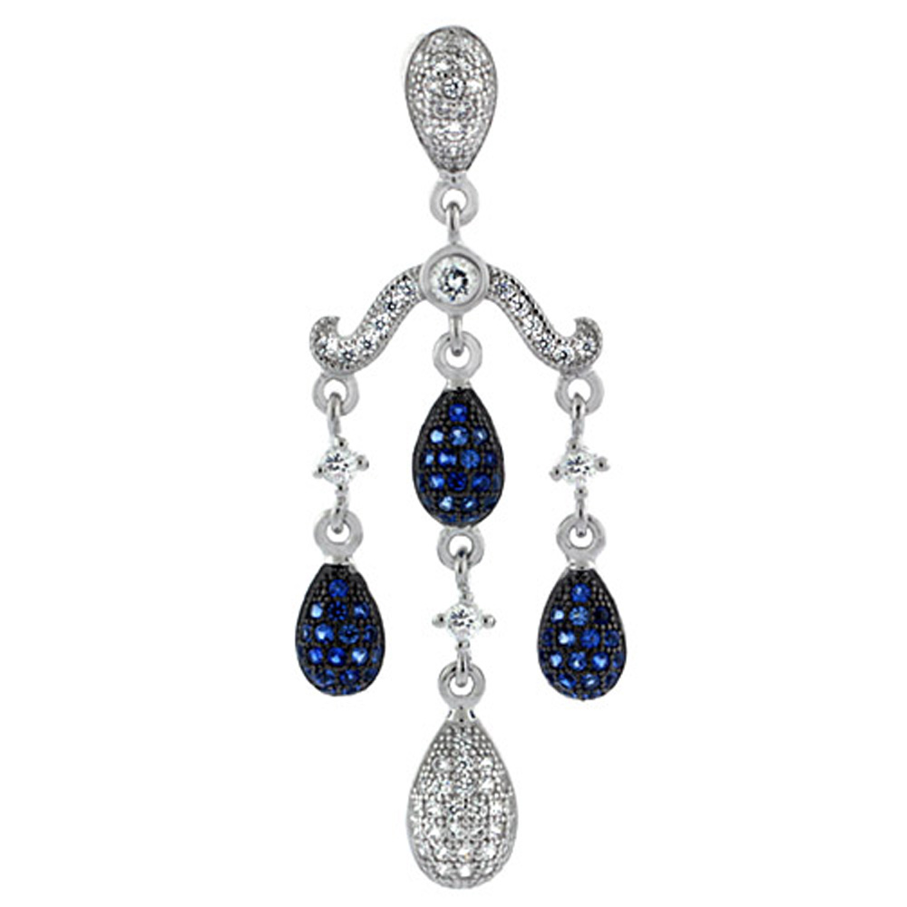 Sterling Silver 3-Strand Micro Pave CZ Pendant Girandole Blue Sapphire & White Stones, 1 3/4 inch long