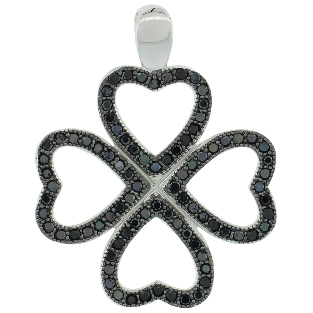 Sterling Silver Micro Pave Cubic Zirconia Open Heart shaped Four Leaf Clover Pendant Black Stones