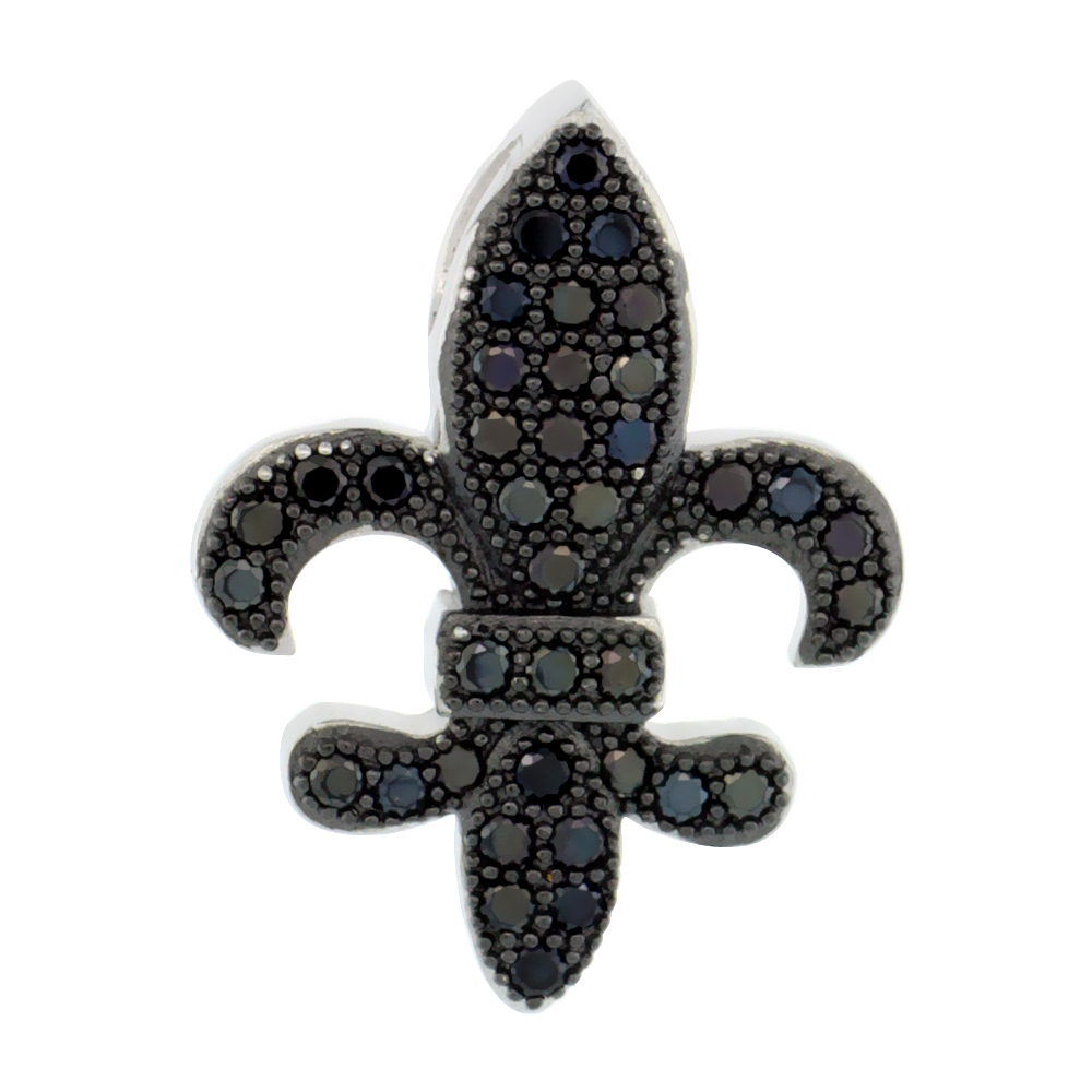 Sterling Silver Micro Pave Cubic Zirconia Fleur-De-Lis Pendant Black Stones