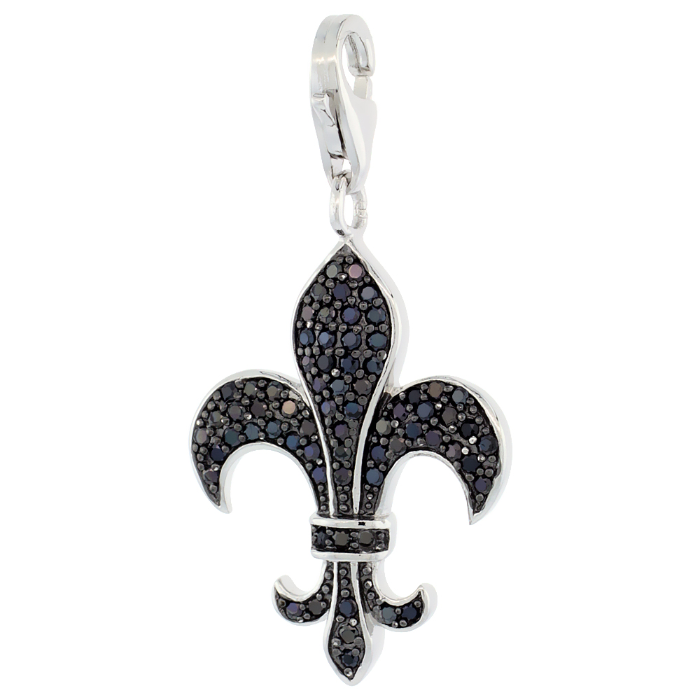 Sterling Silver Micro Pave Cubic Zirconia Fleur-De-Lis Charm Pendant Black Stones