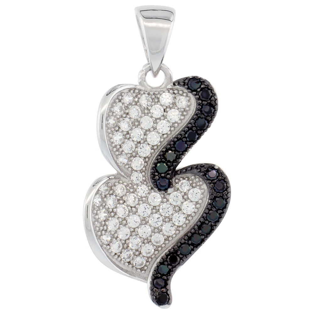 Sterling Silver Micro Pave Cubic Zirconia Leaf Pendant Black & White Stones