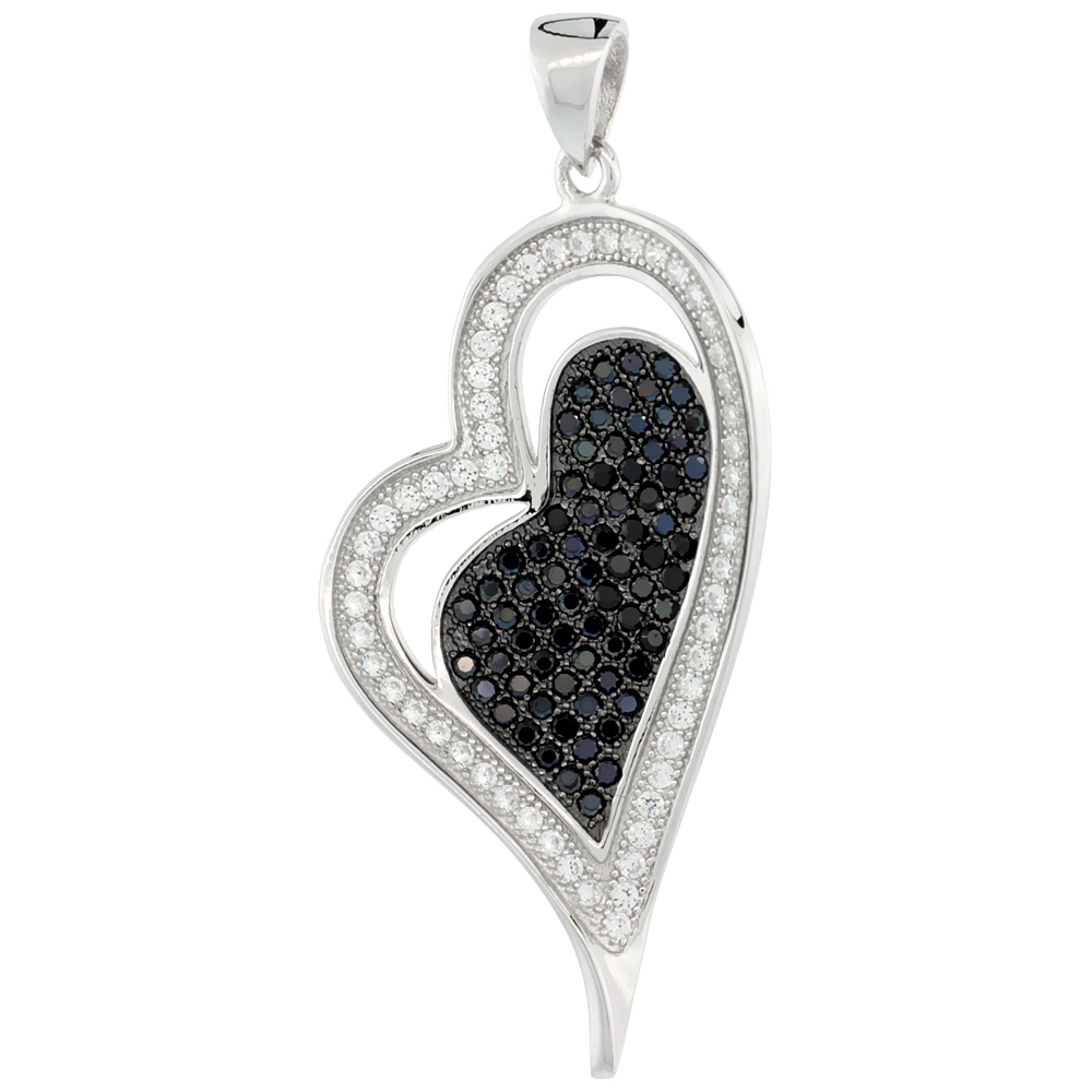 Sterling Silver Micro Pave Cubic Zirconia Two Hearts In One Pendant Black & White Stones