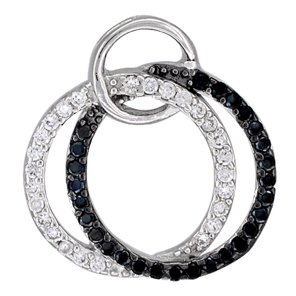 Sterling Silver Twin Circles Micro Pave CZ Pendant Black & White stones, 3/4 inch in diameter