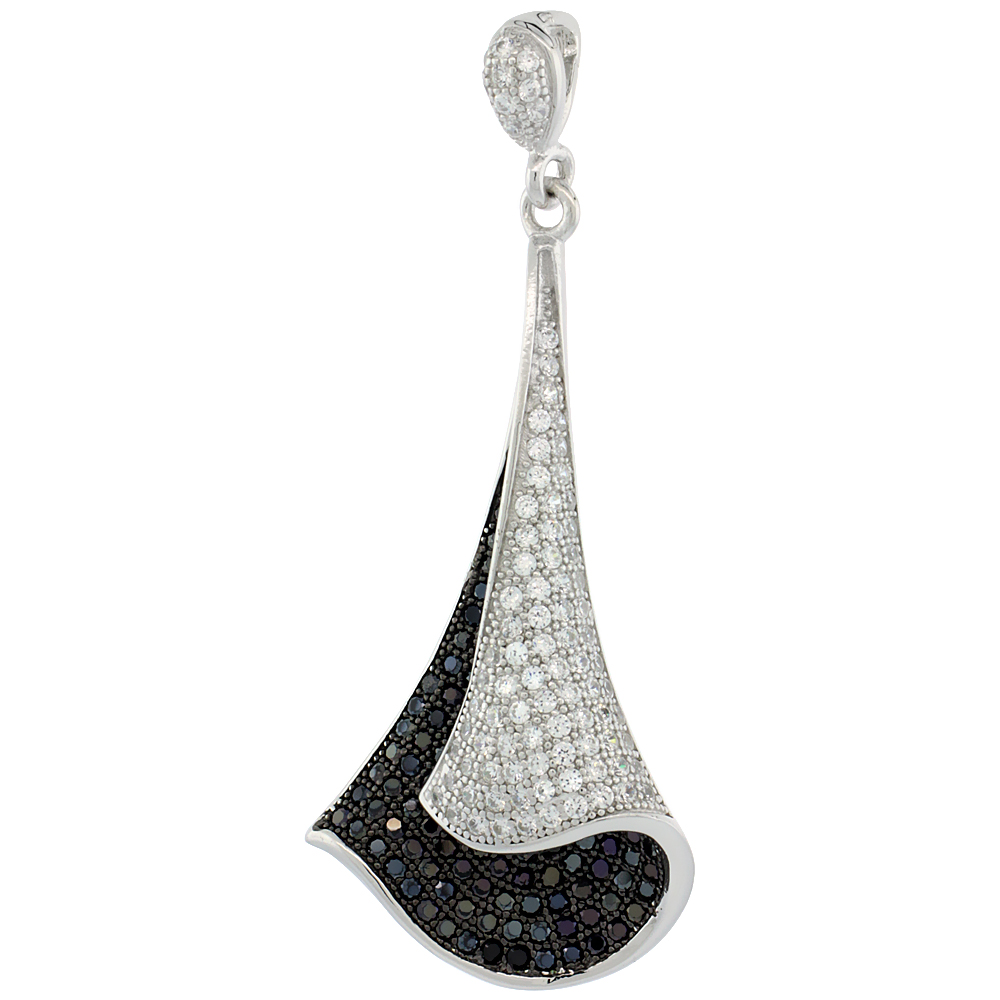 Sterling Silver Micro Pave Cubic Zirconia Leaf Shape Pendant Black & White Stones