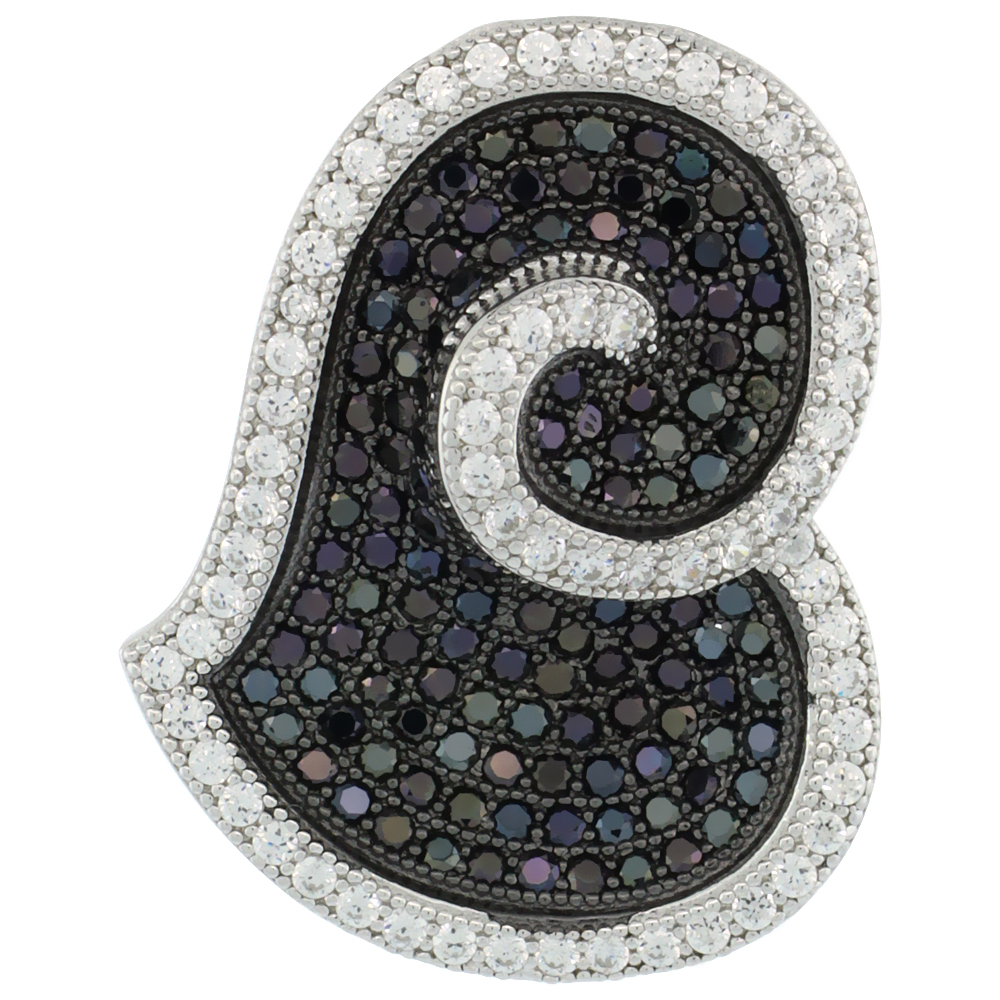 Sterling Silver Micro Pave Cubic Zirconia Spiral Heart Pendant White Outline Centered Black Stones