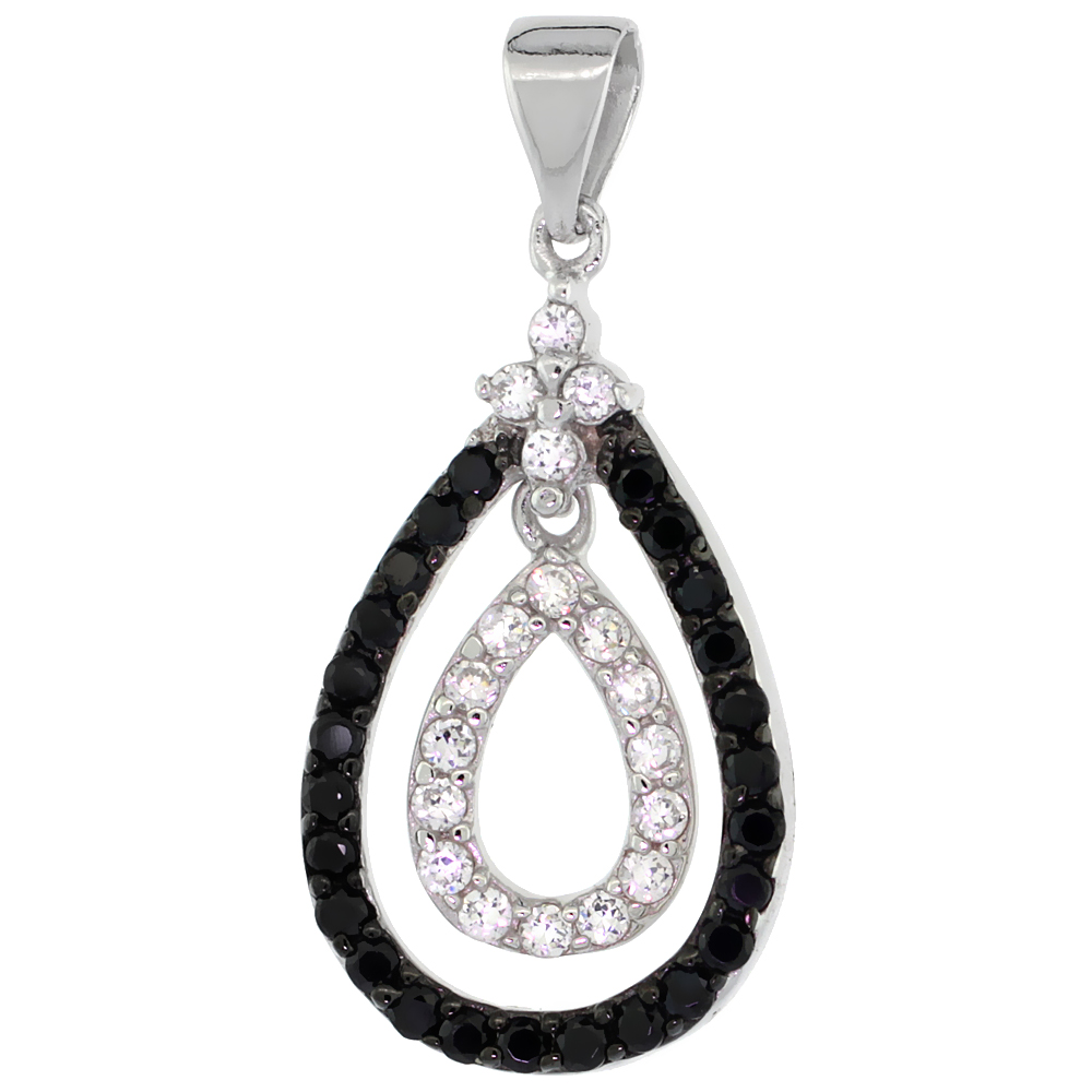 Sterling Silver Dual Pear Shape Micro Pave CZ Pendant Black & White Stones, 15/16 inch long