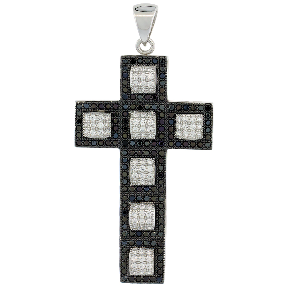 Sterling Silver Micro Pave Cubic Zirconia Cross Pendant Outlined in Black & Centered in 7 White Square Box Stones