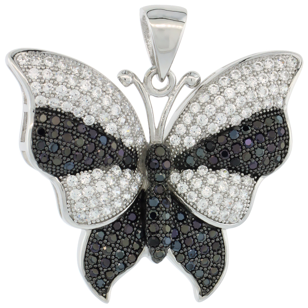 Sterling Silver Micro Pave Cubic Zirconia Butterfly Pendant Black & White Stones