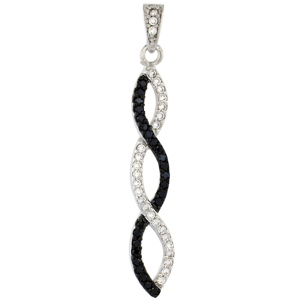 Sterling Silver Triple Infinity Micro Pave CZ Pendant Black & White Stones, 1 3/4 inch long