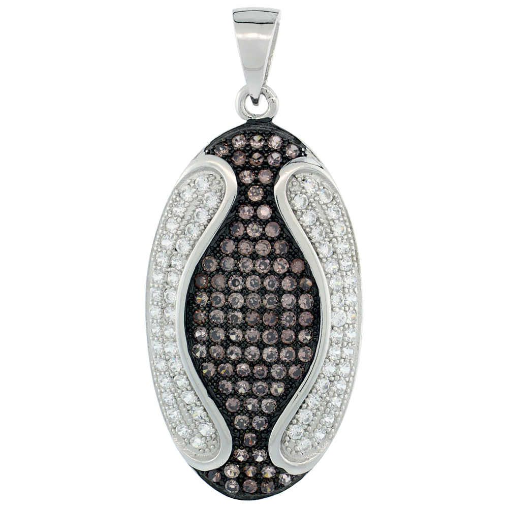 Sterling Silver Micro Pave Cubic Zirconia Egg Shape Pendant White & Brown Stones