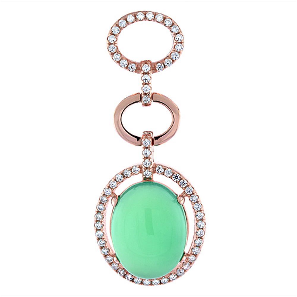 Sterling Silver Green Serpentine Oval Pendant Rose Gold Finish, 1 15/32 inch long