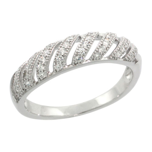 STERLING SILVER CUBIC ZIRCONIA MICRO PAVE DOMED BAND CUT-OUT STRIPES, SIZES 6 TO 9