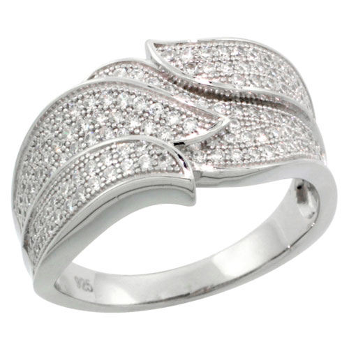 STERLING SILVER CUBIC ZIRCONIA MICRO PAVE DOUBLE LEAF BAND, SIZES 6 TO 9